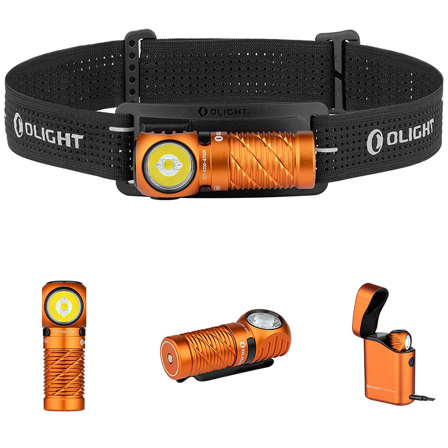 Olight Perun 3 Mini Headlamp &amp; Flashlight with Red &amp; White Light - Orange Premium 