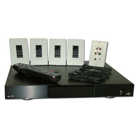 Aton Model DH44KT Digital Audio Router Kit with Router, Wall plate, 4 Emitters, 4 Touch Pads, 1 Remote